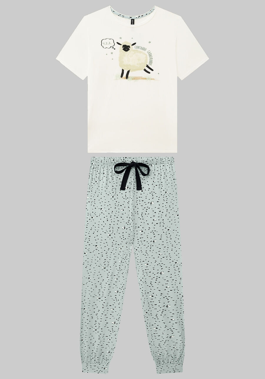 Pijama Estampado com Blusa e Calça Jogger, CARNEIRINHOS VERDE, large.