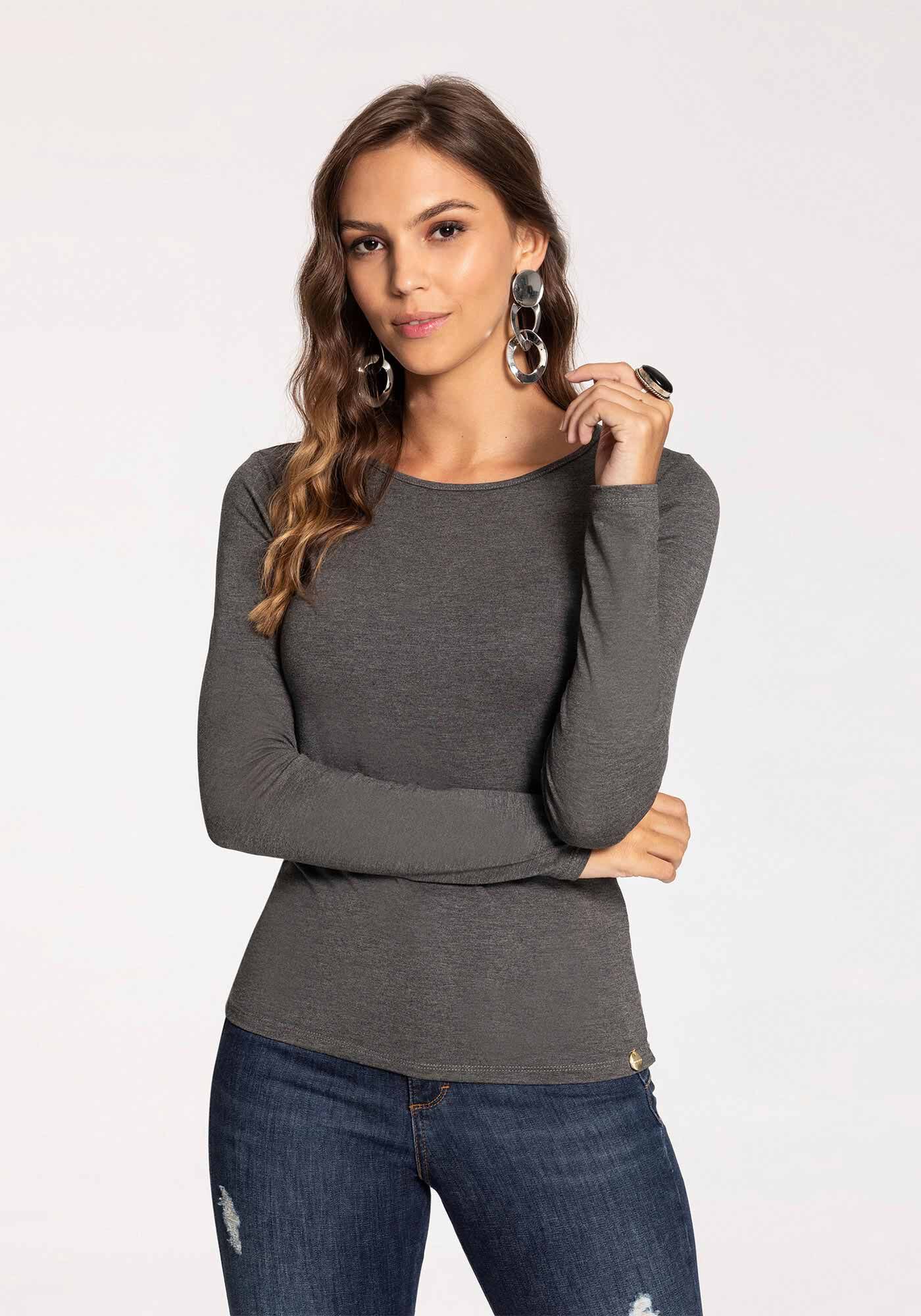 Blusa B&aacute;sica De Mangas Longas Em Malha Com Elastano, , large.