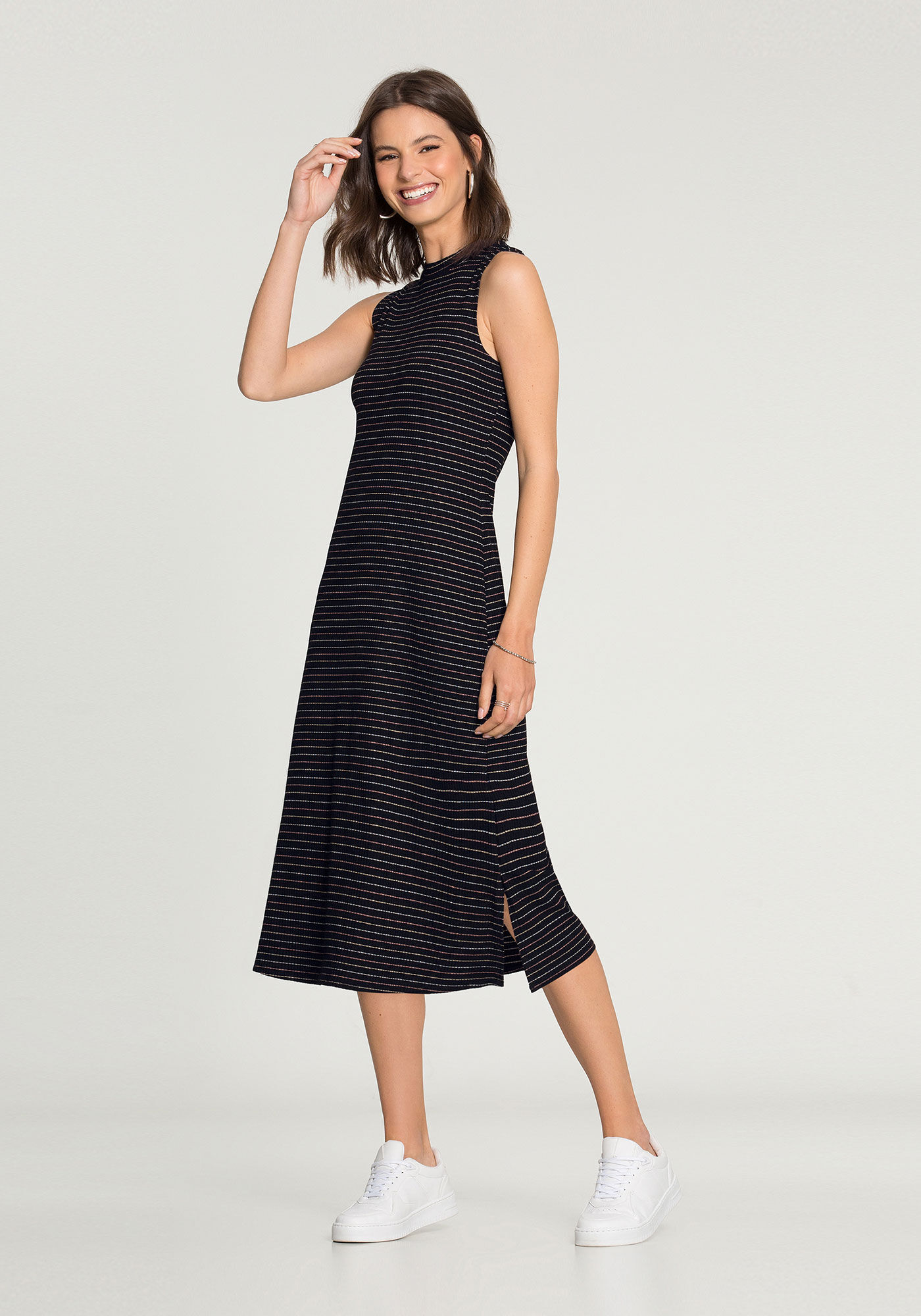 Vestido Midi com Lurex Malha Canelado