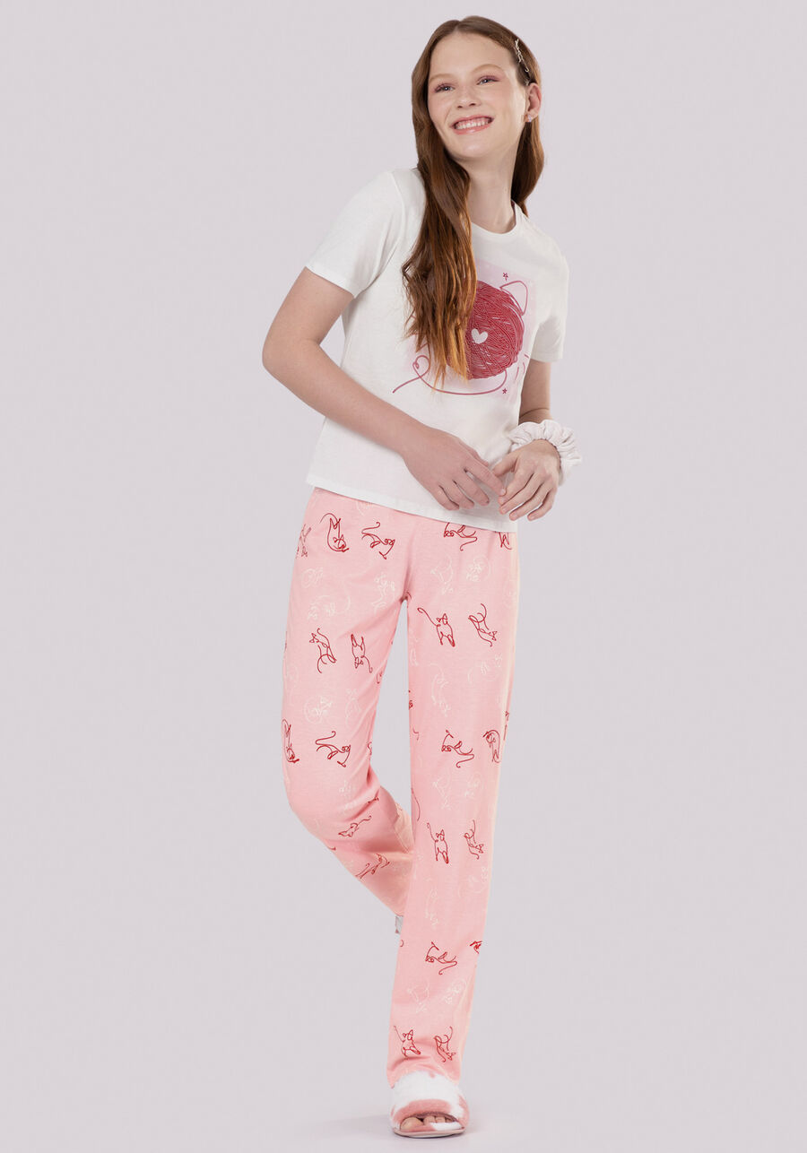 Pijama Juvenil Longo em Malha, FELINOS ROSA. Pijama Juvenil Longo em Malha, FELINOS ROSA, large.