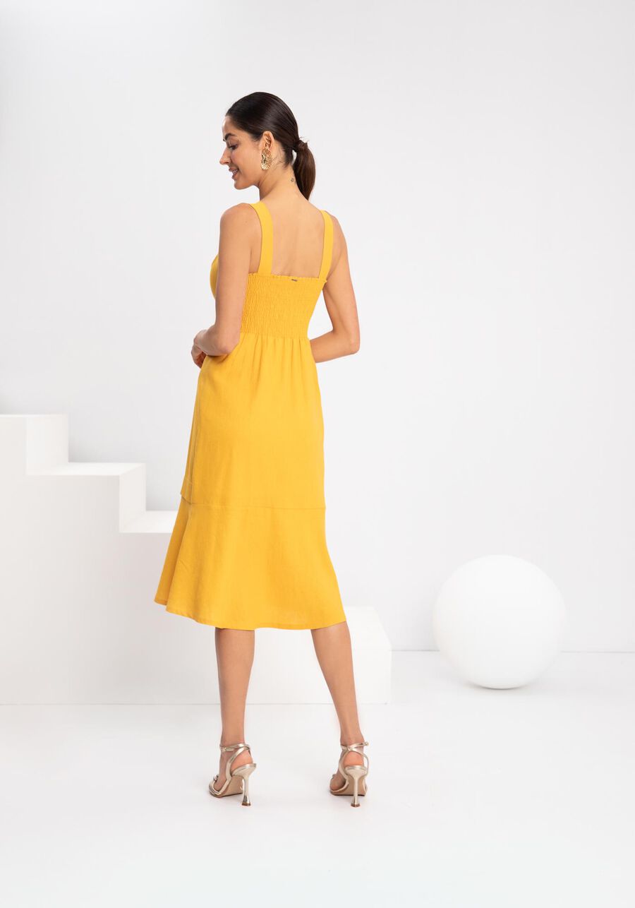 Vestido Midi Chá Com Elástico Nas Costas Em Tecido Linho, . Vestido Midi Chá Com Elástico Nas Costas Em Tecido Linho, , large.