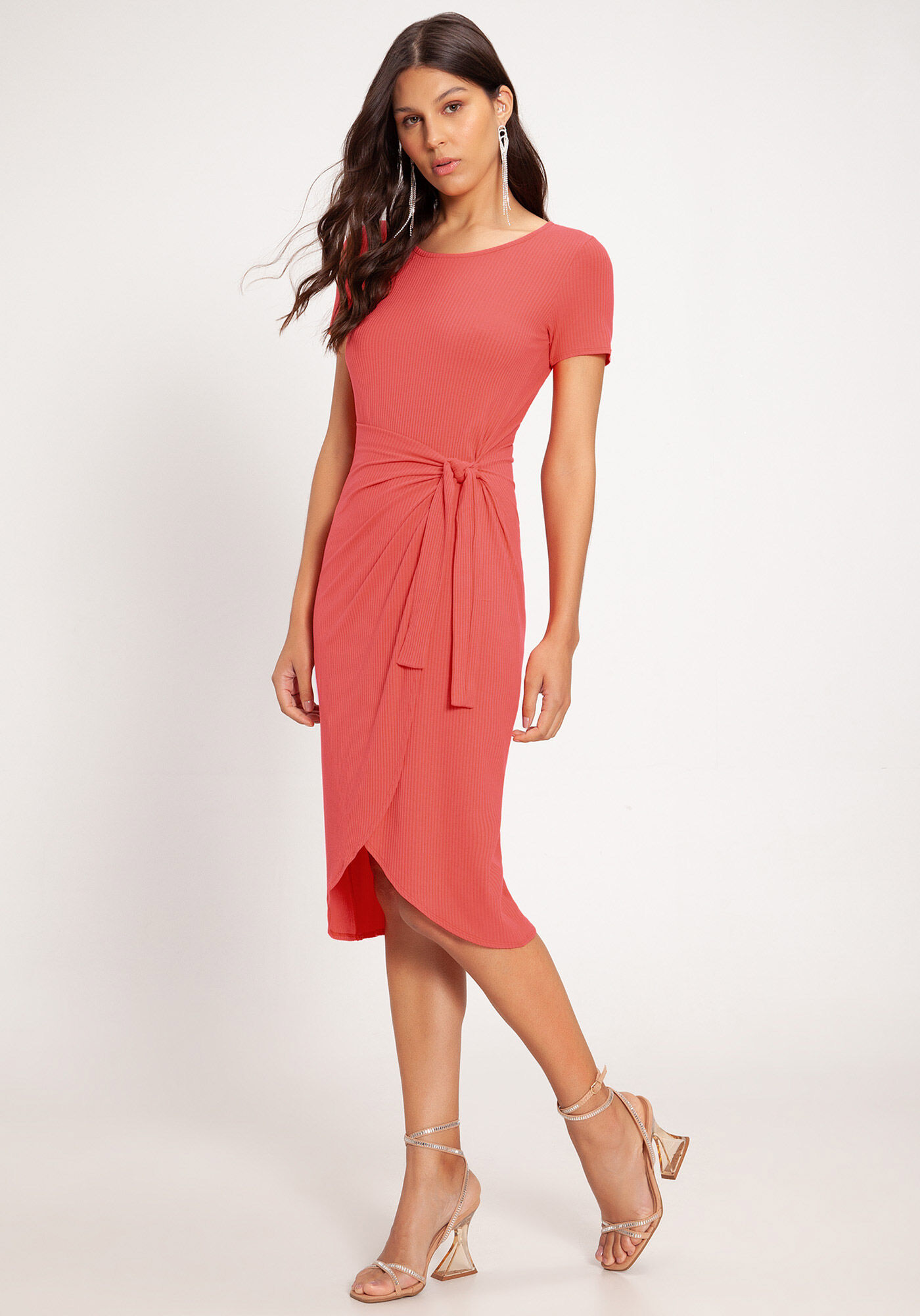 Vestido Midi Canelado com Recorte Transpassado Lunender