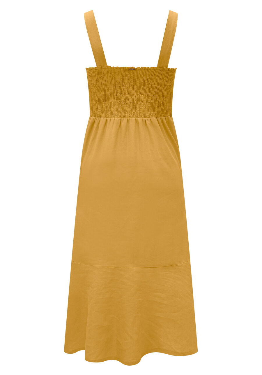 Vestido Midi Chá Com Elástico Nas Costas Em Tecido Linho, . Vestido Midi Chá Com Elástico Nas Costas Em Tecido Linho, , large.