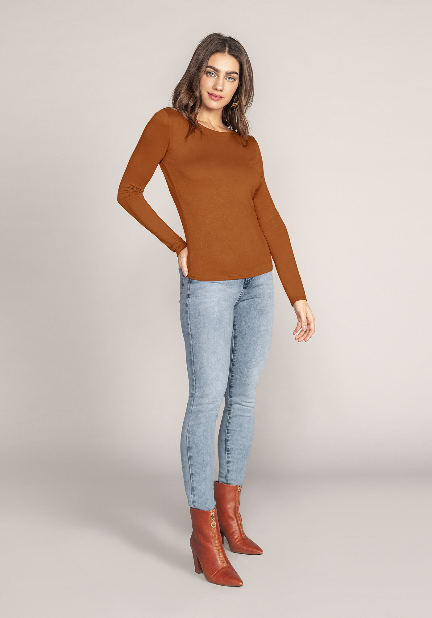 Blusa B&aacute;sica De Mangas Longas Em Malha Com Elastano, , large.