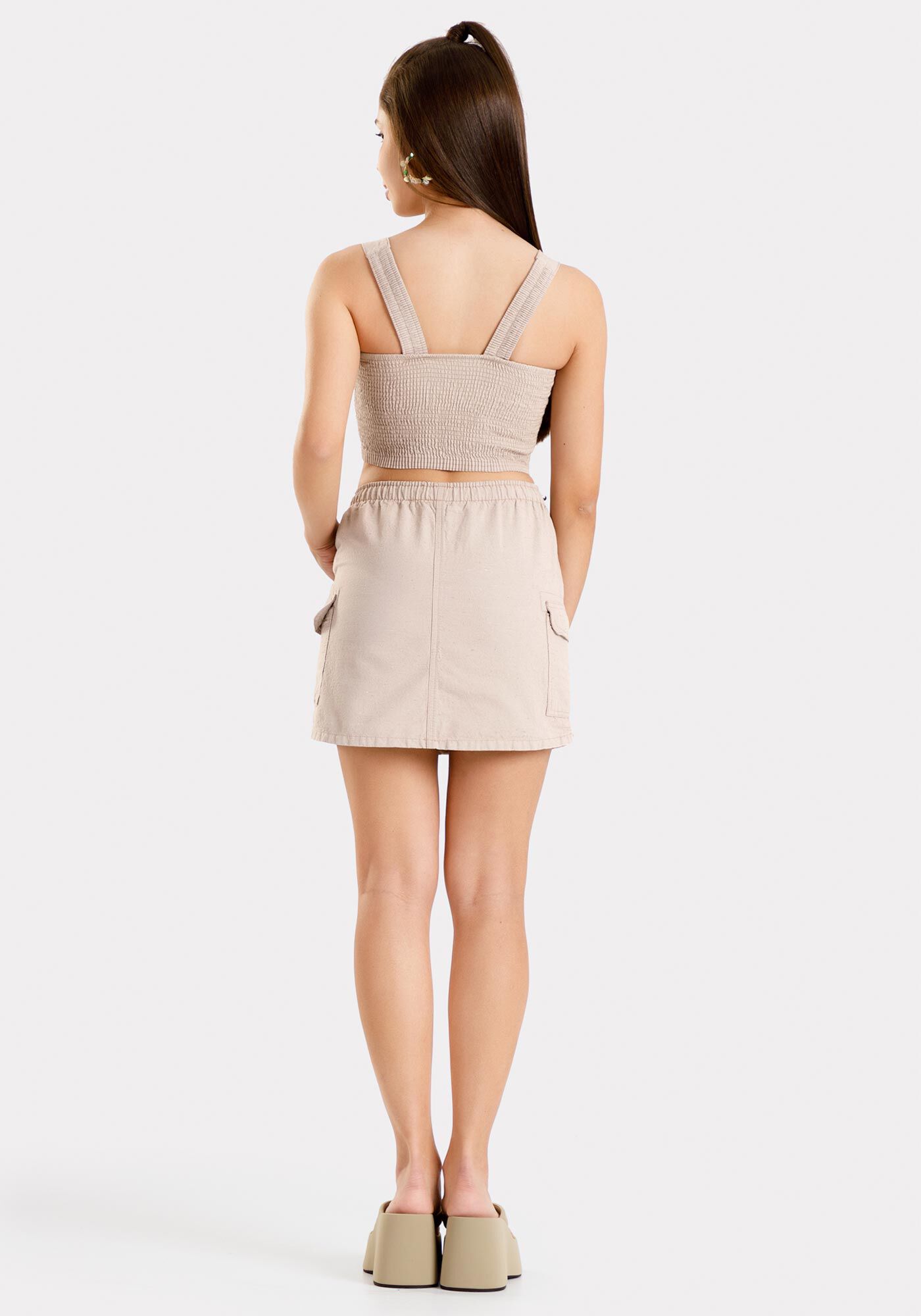 Conjunto saia cargo e blusa Cropped juvenil sustent&aacute;vel, BEGE WOOL, large.