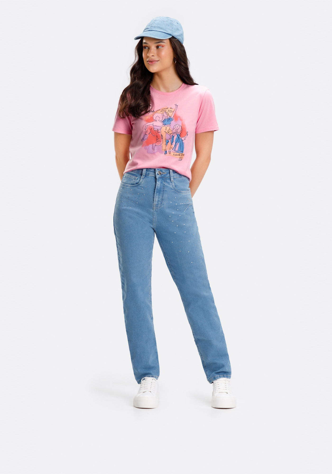 Cal&ccedil;a Mom Jeans Juvenil Com Cintura Alta E Strass, , large.