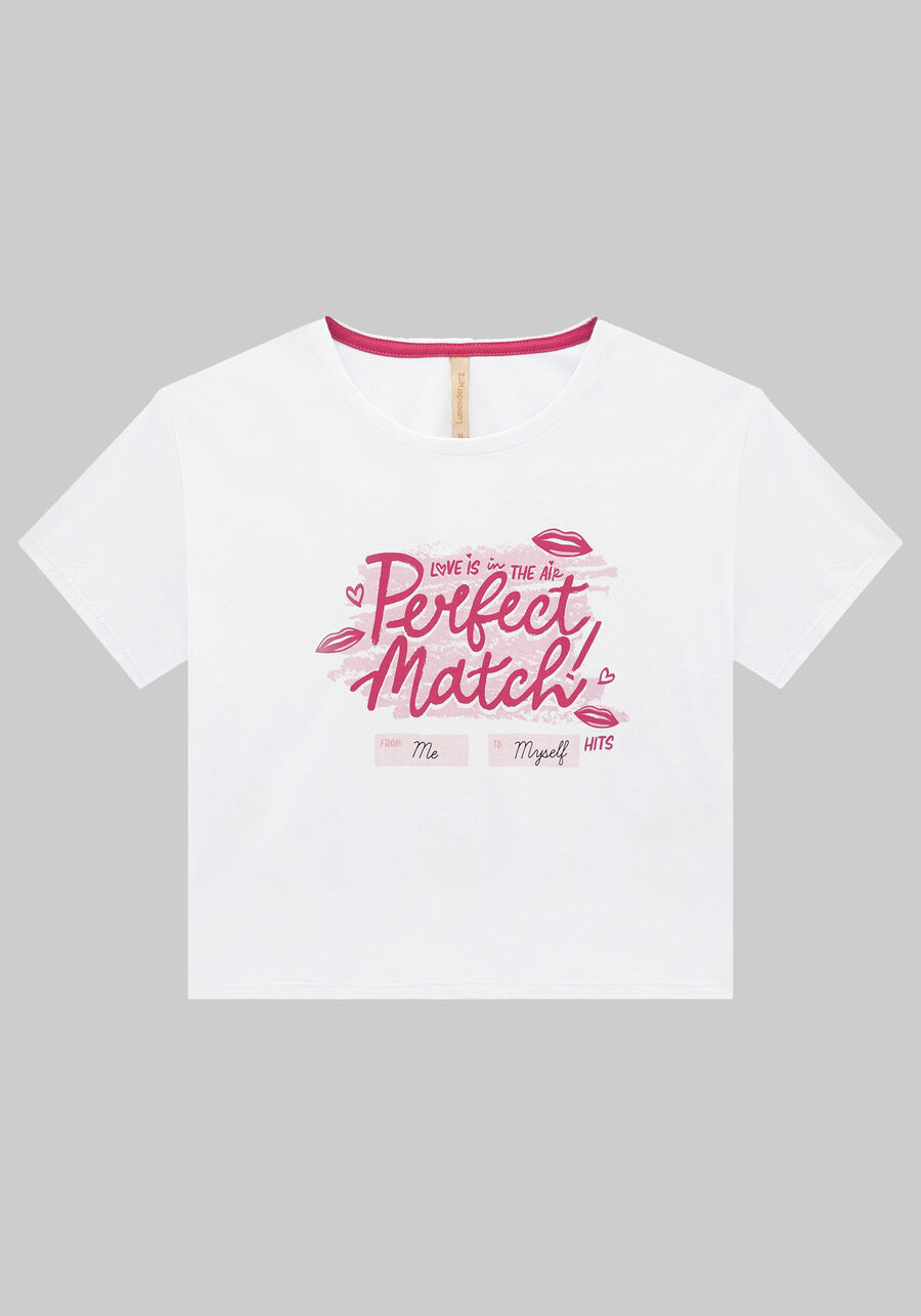 T-shirt Juvenil Cropped em Malha Estampada, BRANCO. T-shirt Juvenil Cropped em Malha Estampada, BRANCO, large.