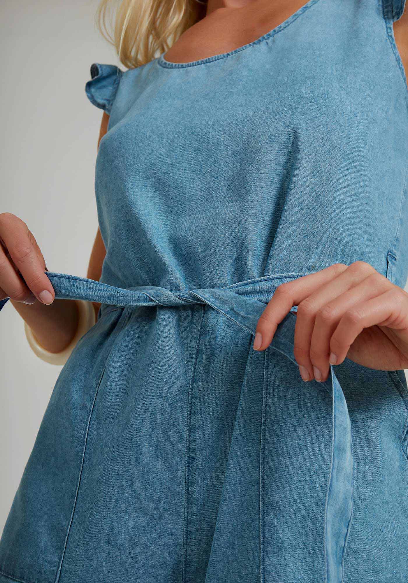 Macaquinho Jeans com Babados e Cinto, , large.