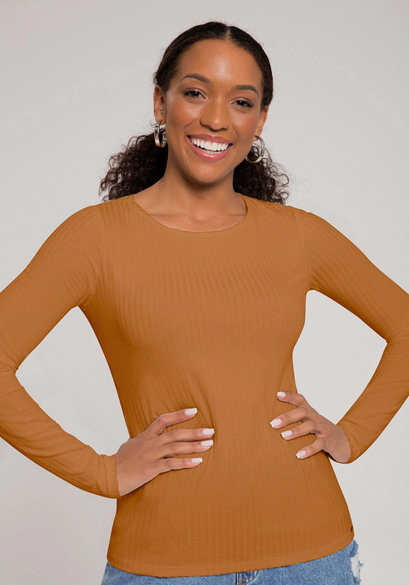 Blusa B&aacute;sica Canelada Manga Longa, , large.