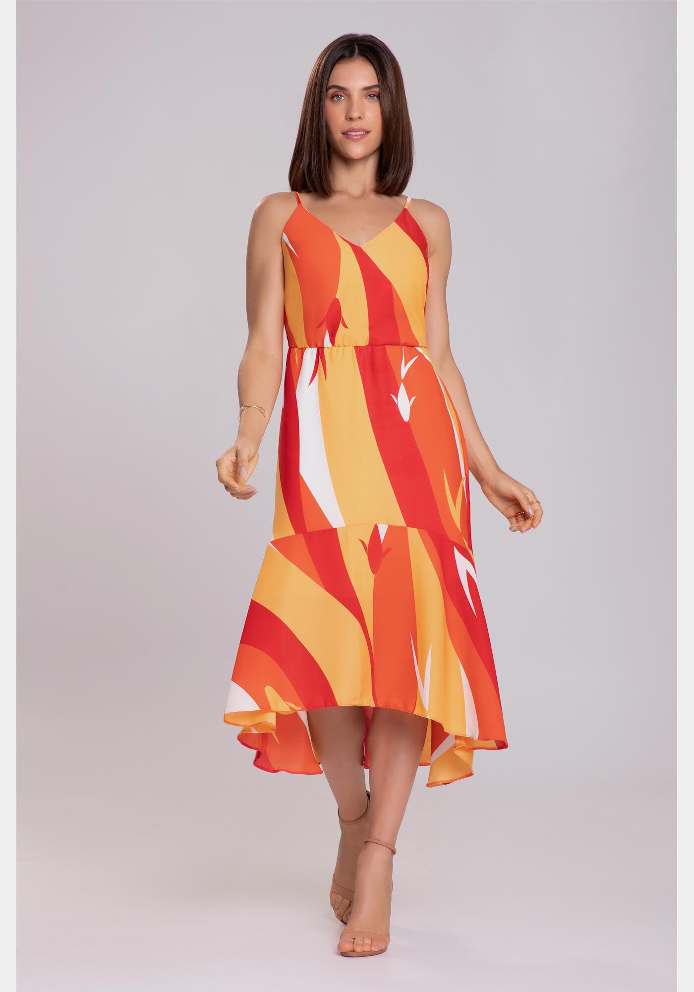 Vestido Midi em Crepe Chiffon com Babado