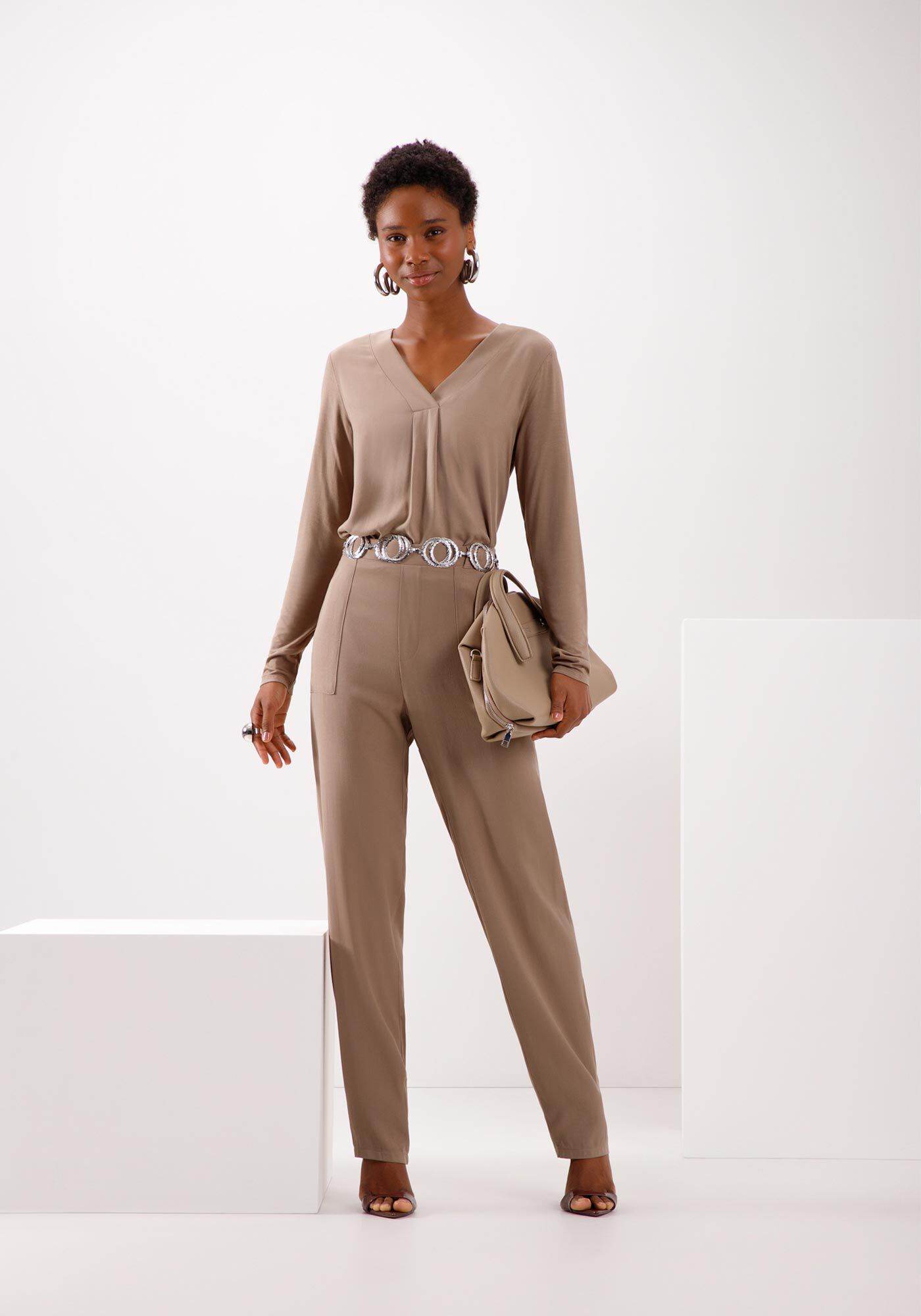 Blusa Manga Longa com Decote V, MARROM COUNTRY, large.