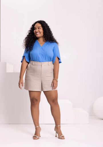 Shorts De Cintura Alta Com Bolsos E Passantes Tecido Linho, BEGE IMPALA. Shorts De Cintura Alta Com Bolsos E Passantes Tecido Linho, BEGE IMPALA, large.