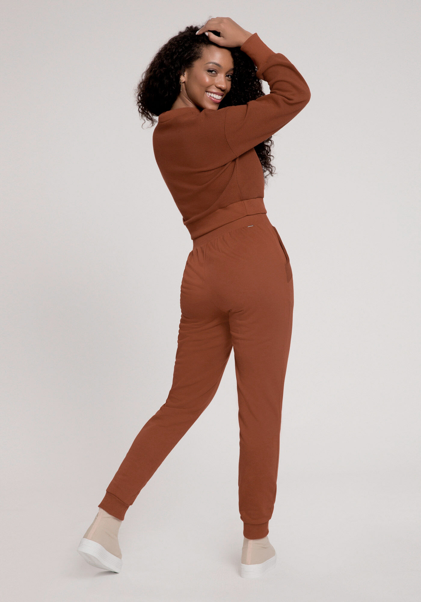 Cal&ccedil;a Jogging em Moletom Felpado com Detalhe Bolsos, LARANJA FERRUGEM, large.