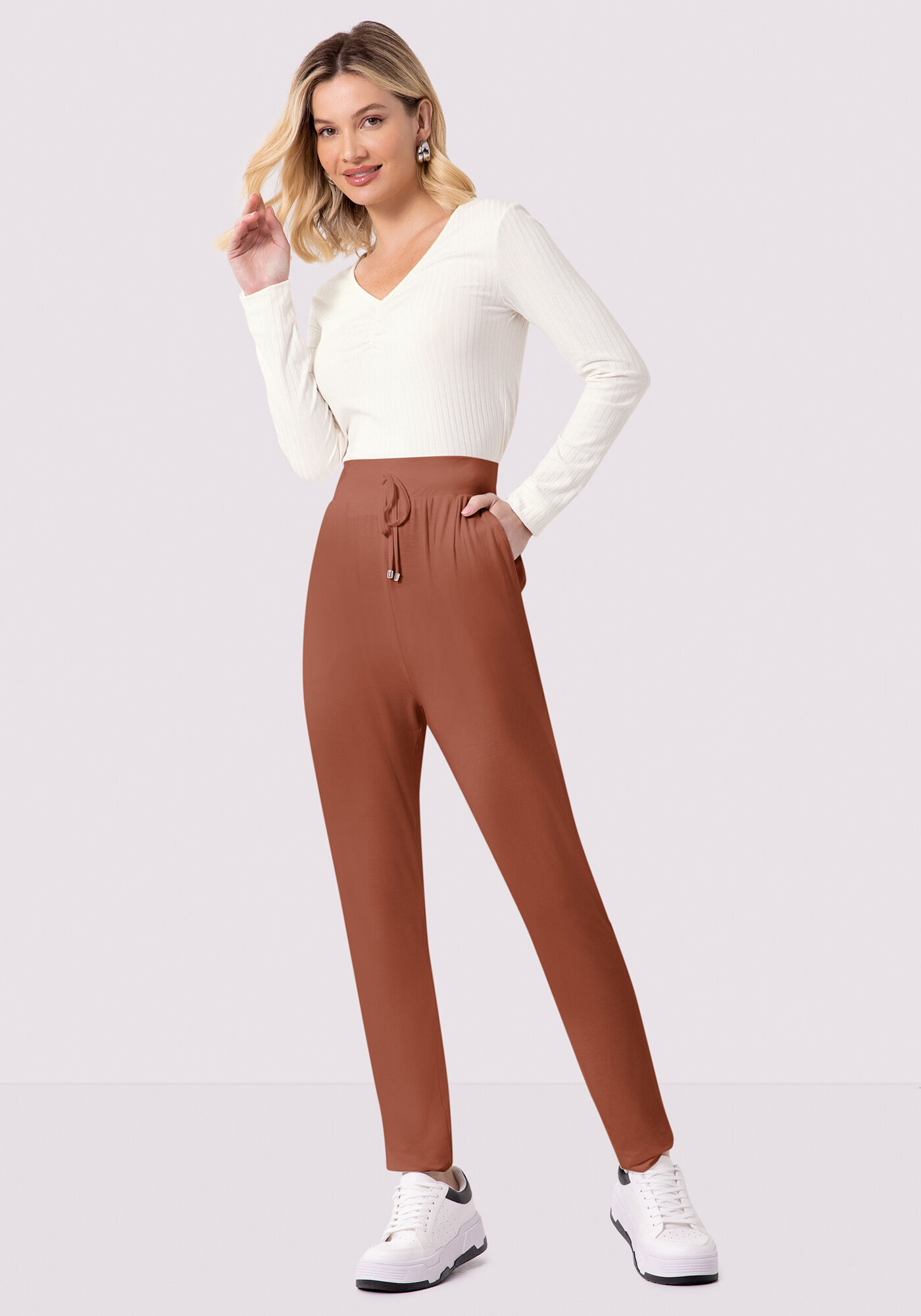 Blusa De Malha Canelada Com Mangas Longas E Decote Em V, , large.