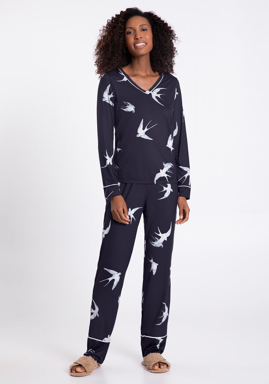 Pijama Longo em Tecido Decote V, , large.