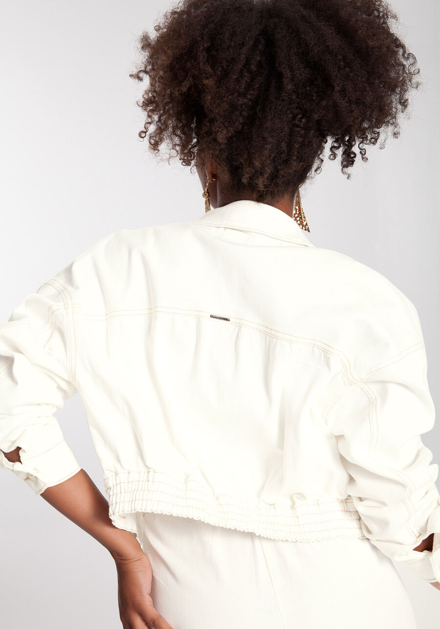 Jaqueta Sarja Cropped com Elástico Barra, BRANCO OFF WHITE. Jaqueta Sarja Cropped com Elástico Barra, BRANCO OFF WHITE, large.