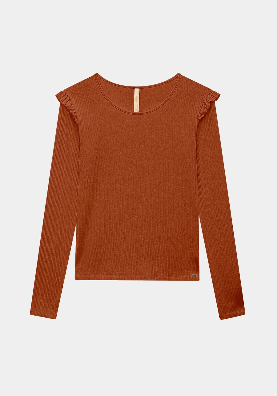 Blusa Manga Longa Canelada com Babados, LARANJA FERRUGEM. Blusa Manga Longa Canelada com Babados, LARANJA FERRUGEM, large.