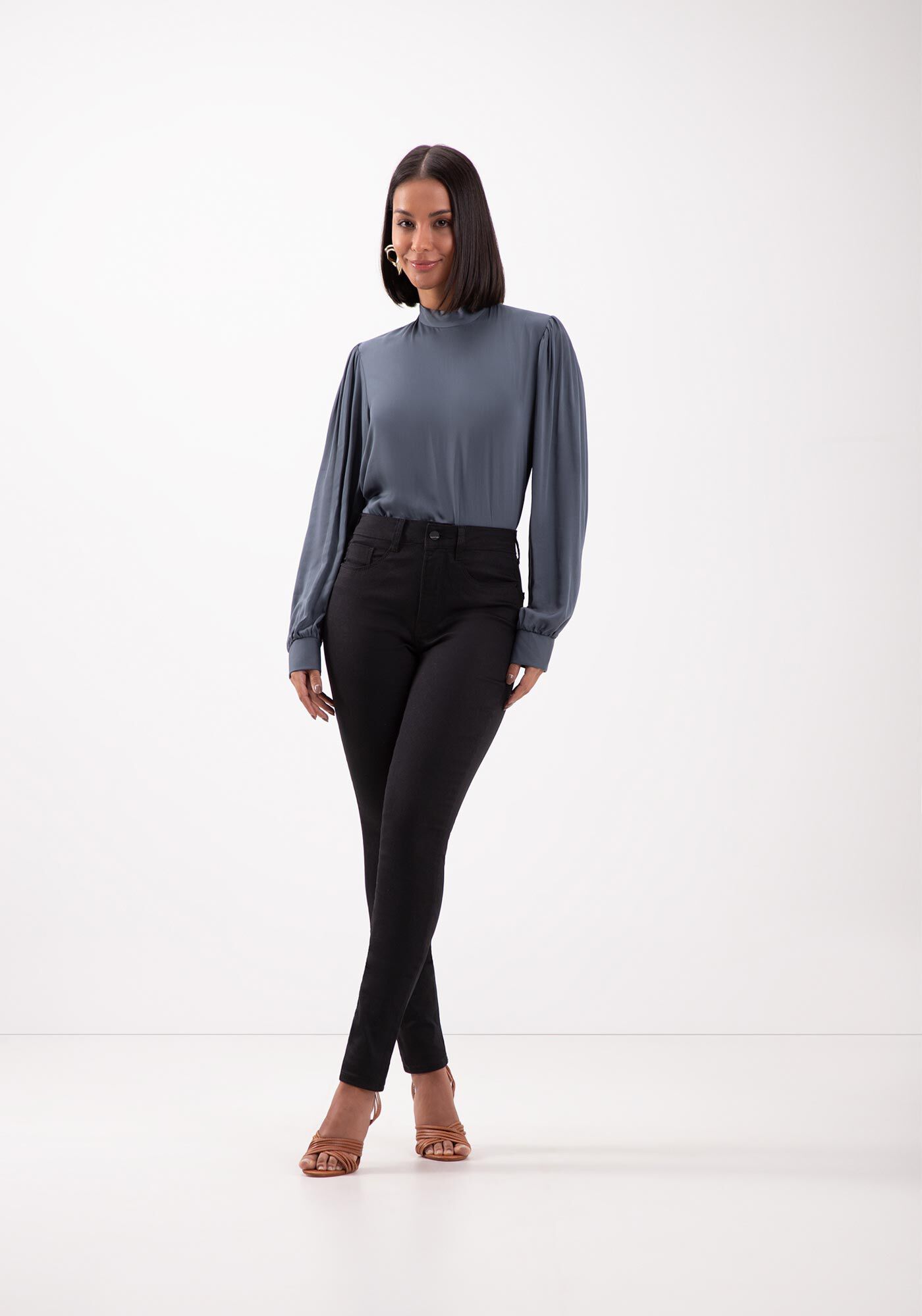 Cal&ccedil;a Skinny Em Sarja Amaciada De Cintura Alta Chapa Barriga, PRETO REATIVO, large.