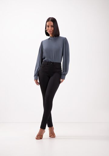 Calça Skinny Em Sarja Amaciada De Cintura Alta Chapa Barriga, PRETO REATIVO. Calça Skinny Em Sarja Amaciada De Cintura Alta Chapa Barriga, PRETO REATIVO, large.