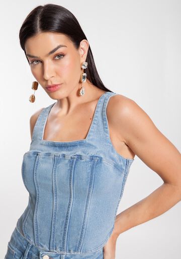 Top Jeans Cropped Corset com Glitter, JEANS, large.