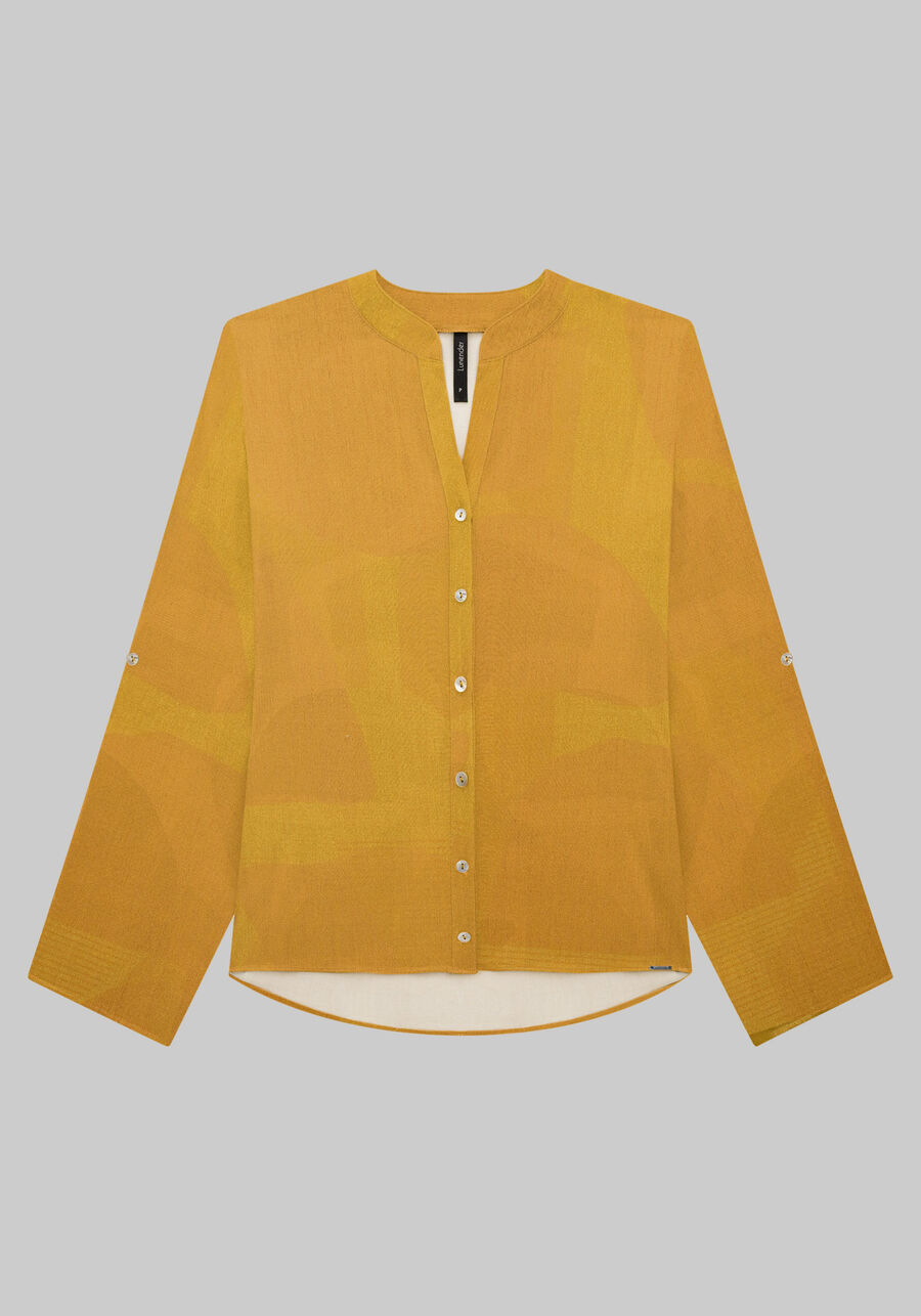 Camisa em Viscose com Martingale na Manga, MOLDURA AMARELO. Camisa em Viscose com Martingale na Manga, MOLDURA AMARELO, large.