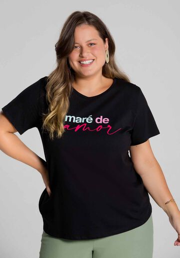 T-shirt Plus Size Meia Malha Maré de Amor, PRETO REATIVO, large.