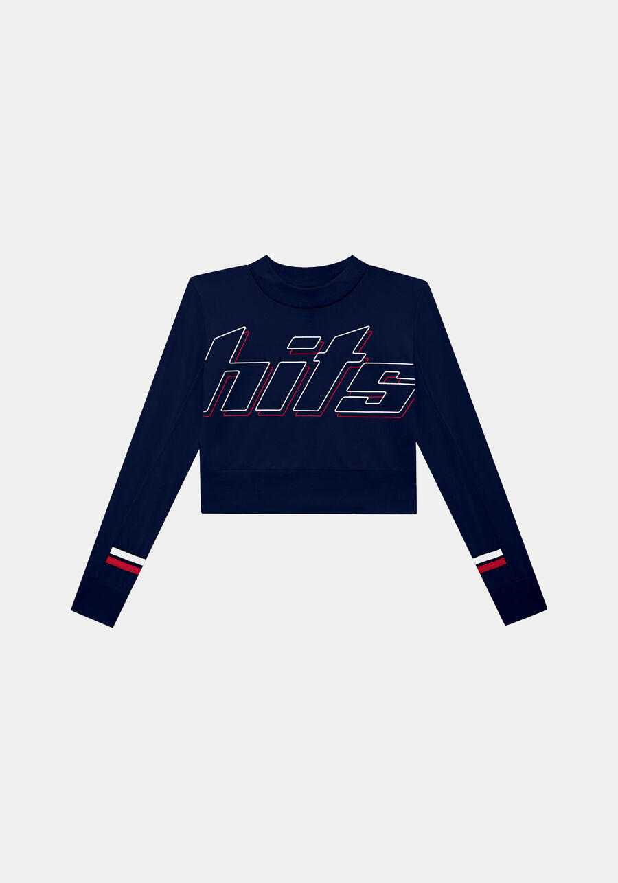 Blusa Manga Longa Cropped Estampa Hits Juvenil, MARINHO ACTION. Blusa Manga Longa Cropped Estampa Hits Juvenil, MARINHO ACTION, large.