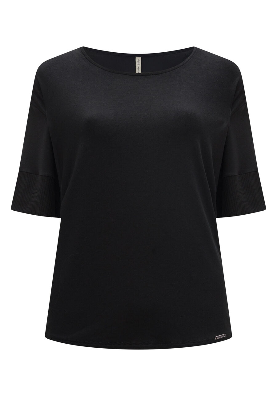 Blusa Acinturada Com Mangas Médias E Decote Redondo Em Malha, PRETO. Blusa Acinturada Com Mangas Médias E Decote Redondo Em Malha, PRETO, large.