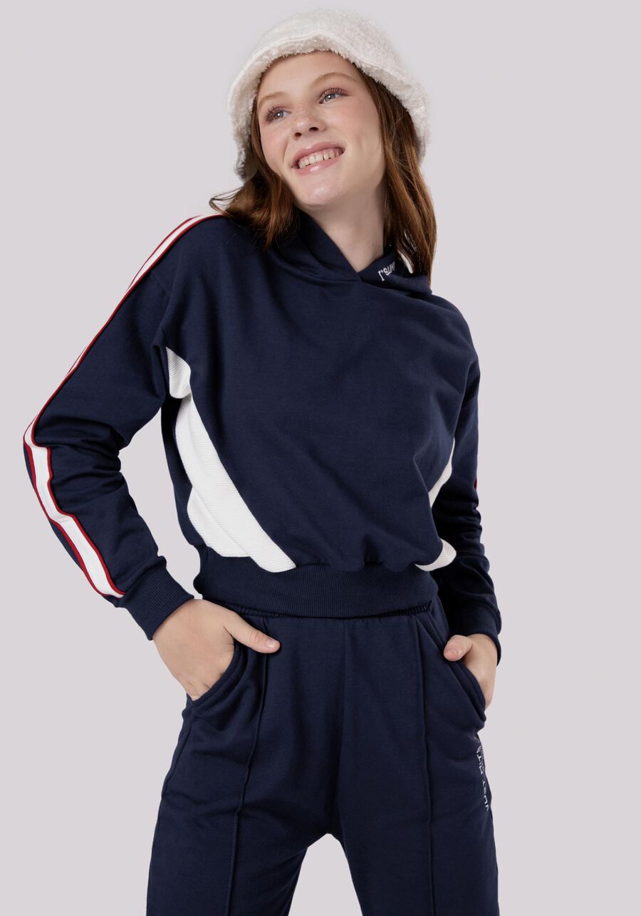 Blusão Juvenil com Capuz e Recortes, MARINHO ACTION. Blusão Juvenil com Capuz e Recortes, MARINHO ACTION, large.