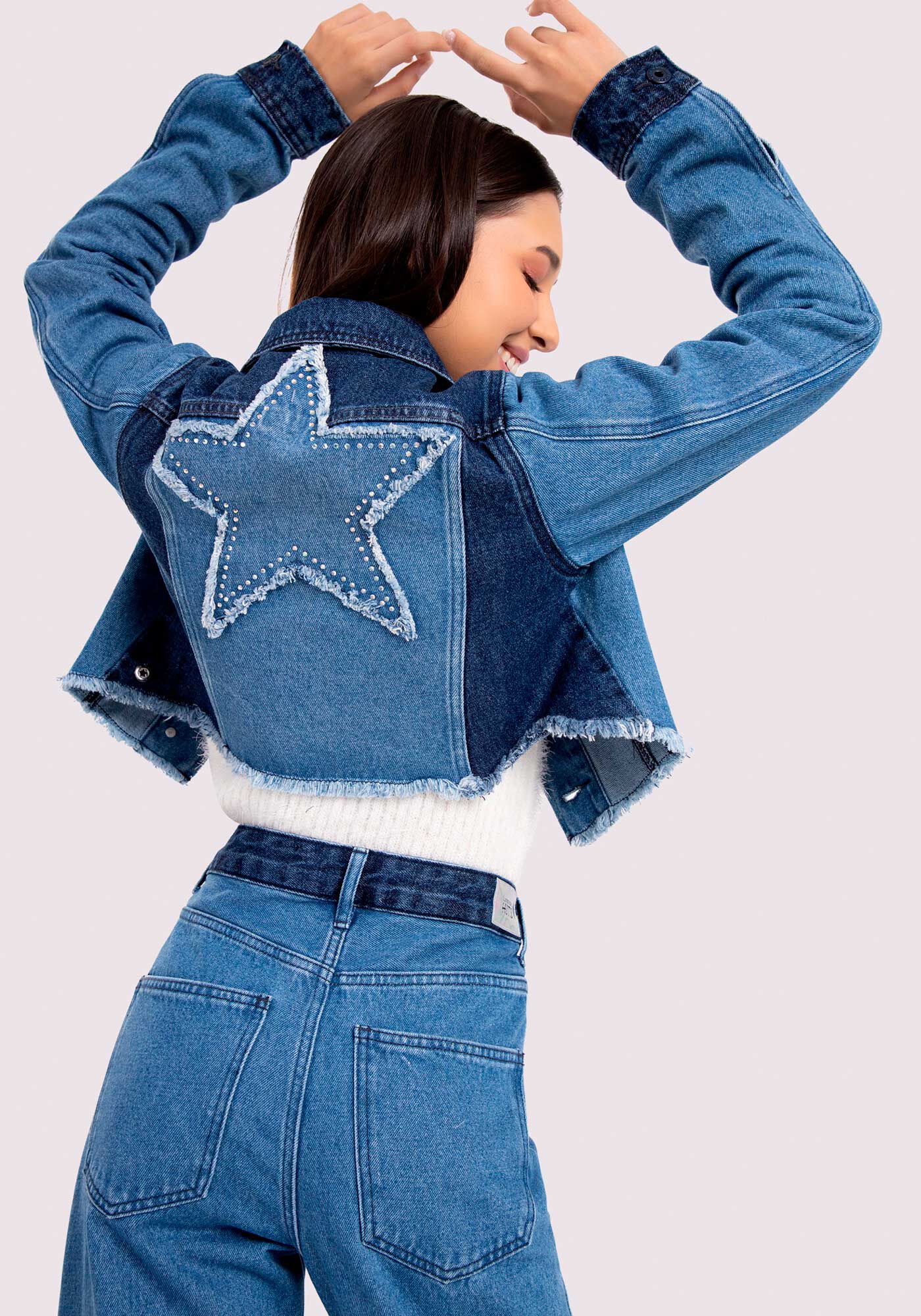 Jaqueta Jeans Bicolor Juvenil com Patch Estrela, , large.