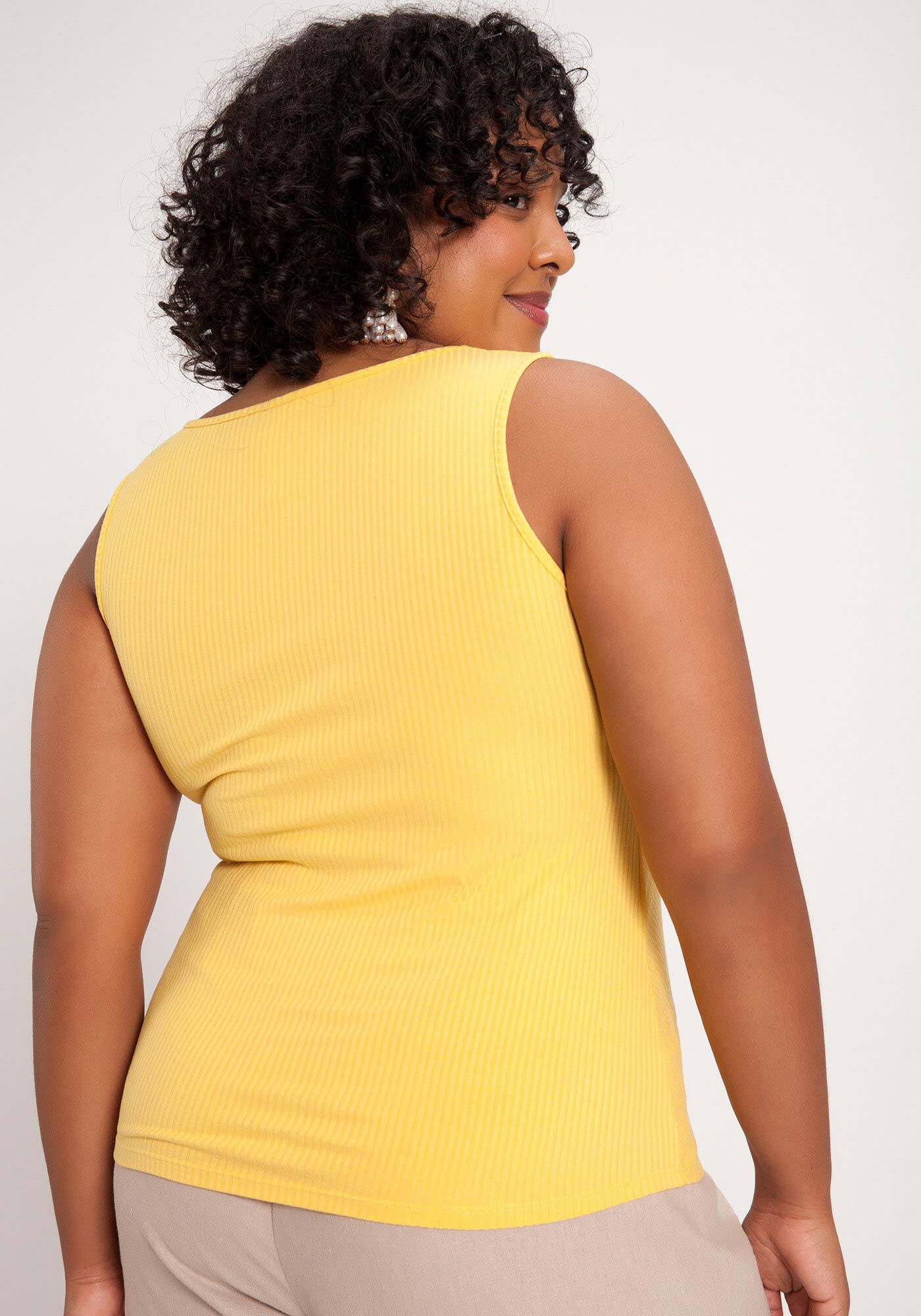 Regata Plus Size Canelada com Decote V, , large.