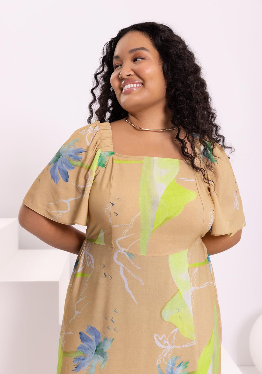 Vestido Midi Estampado Com Manga Flare E Decote Reto, ESPERANCA VERDE. Vestido Midi Estampado Com Manga Flare E Decote Reto, ESPERANCA VERDE, large.