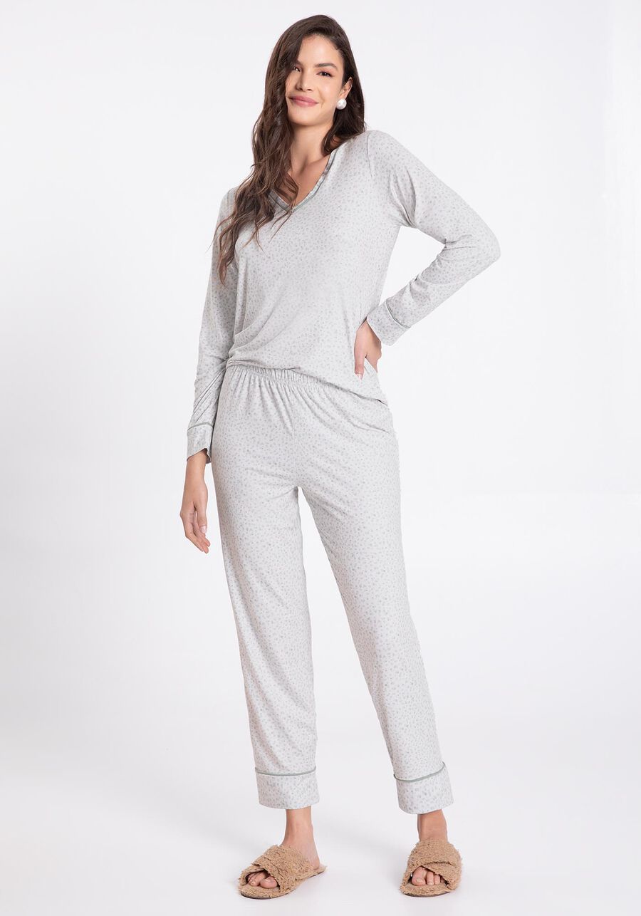 Pijama Longo em Tecido Decote V, , large.