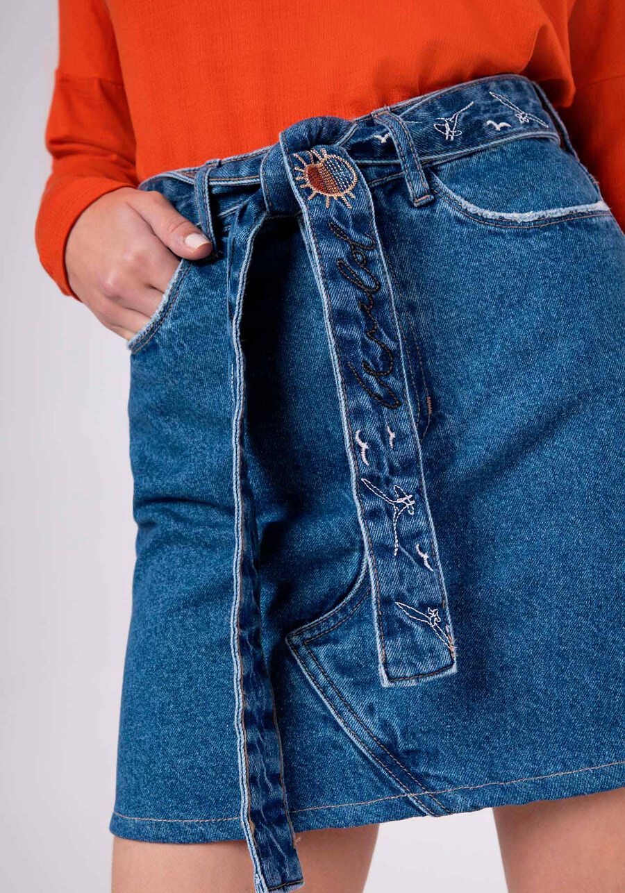 Saia Curta Jeans Cintura Alta com Cinto, , large.