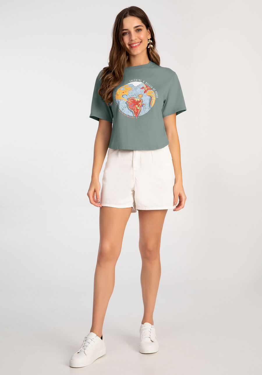 T-shirt Cropped em Malha com Estampa Mundo, , large.