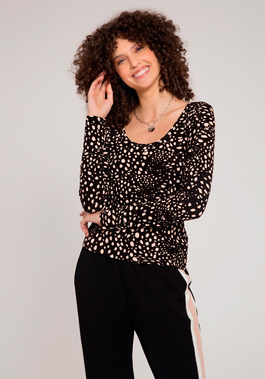 Blusa Estampada Canelada com Decote Frente e Costas, FELINE PRETO. Blusa Estampada Canelada com Decote Frente e Costas, FELINE PRETO, large.