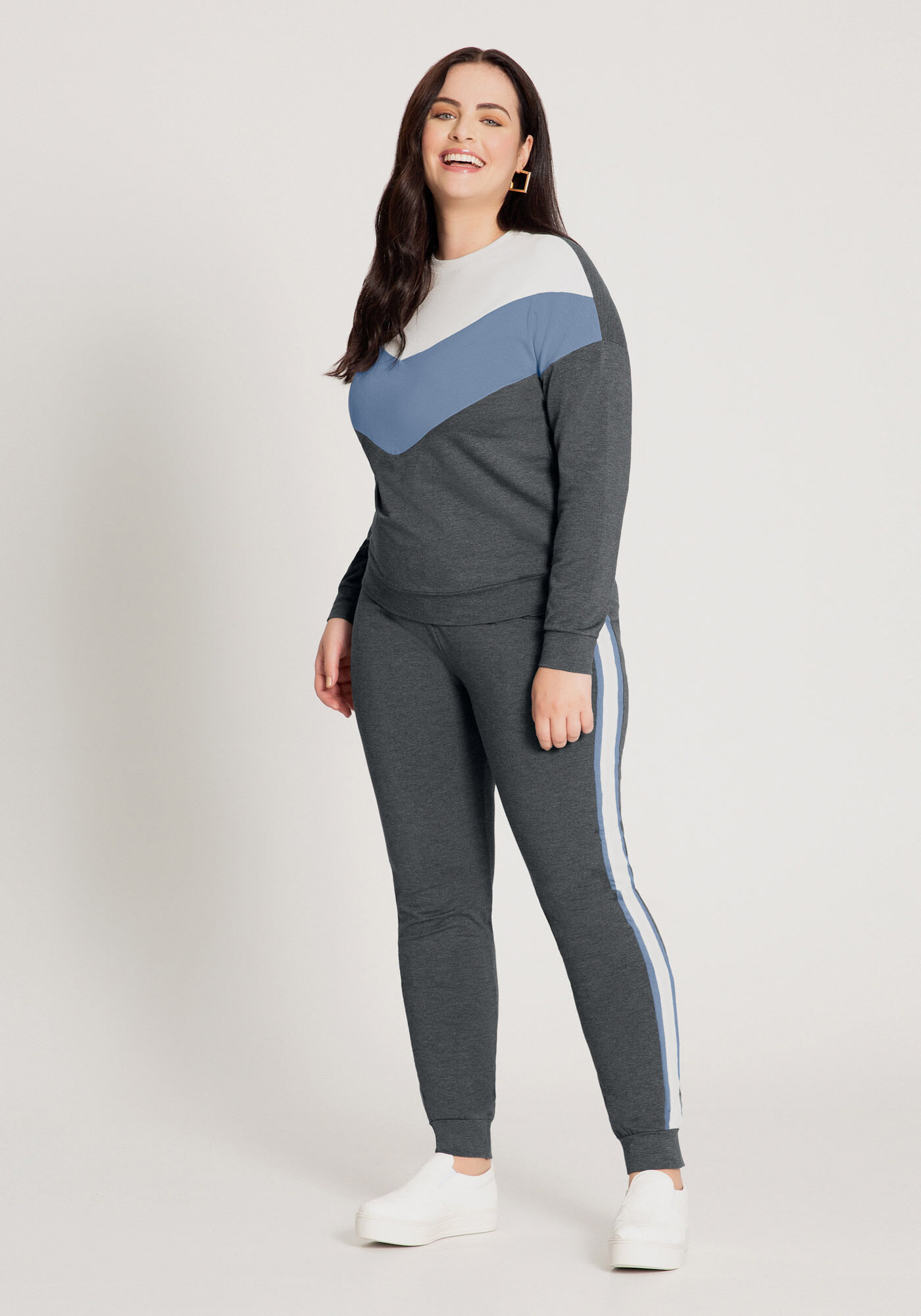 Conjunto Blus&atilde;o e Cal&ccedil;a Jogging em Moletom Plus Size, MESCLA ESCURO, large.