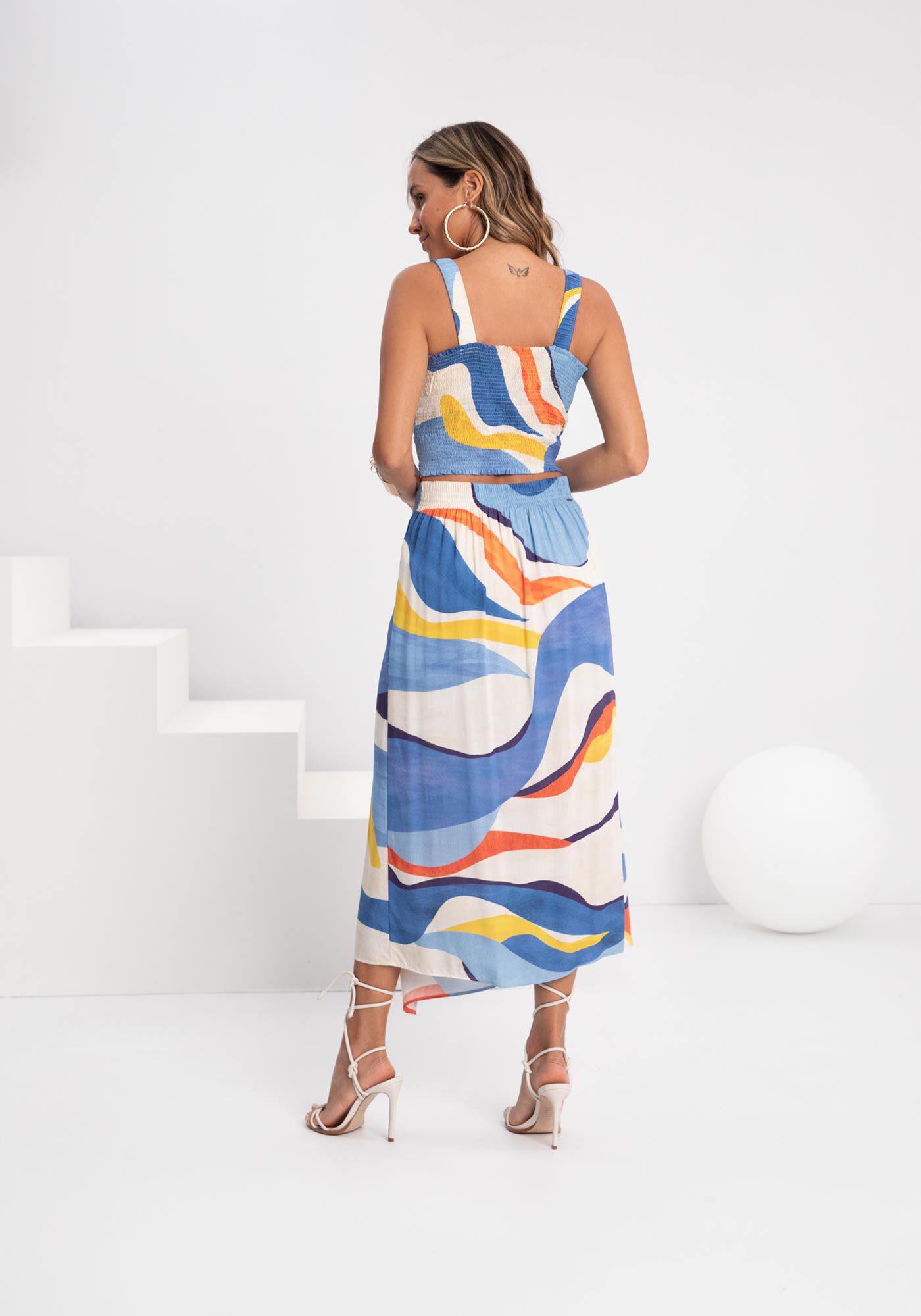 Saia Midi Ch&aacute; Estampada Em Viscose Respons&aacute;vel, , large.