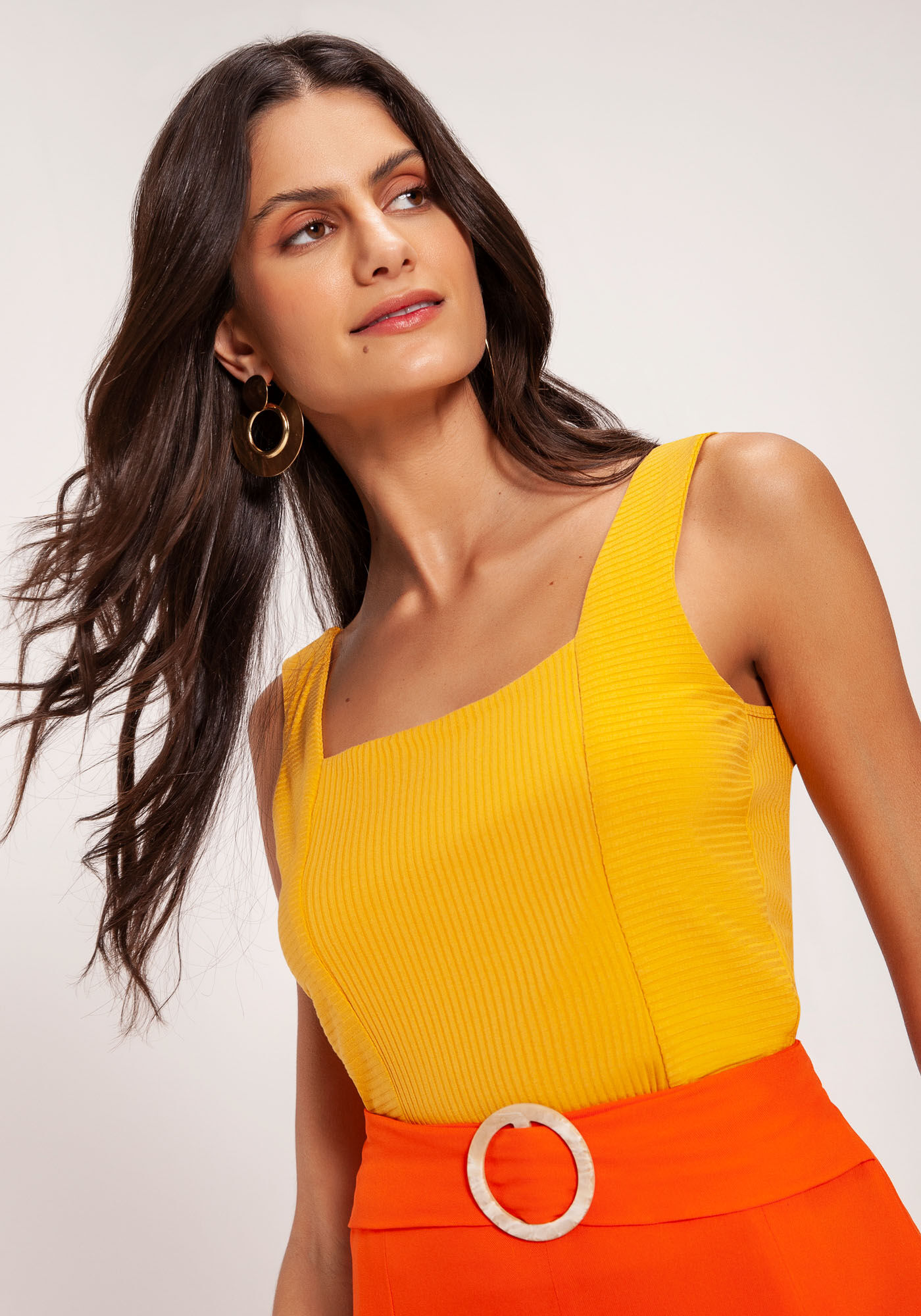 Regata Canelada com Decote Quadrado, AMARELO CURRY, large.