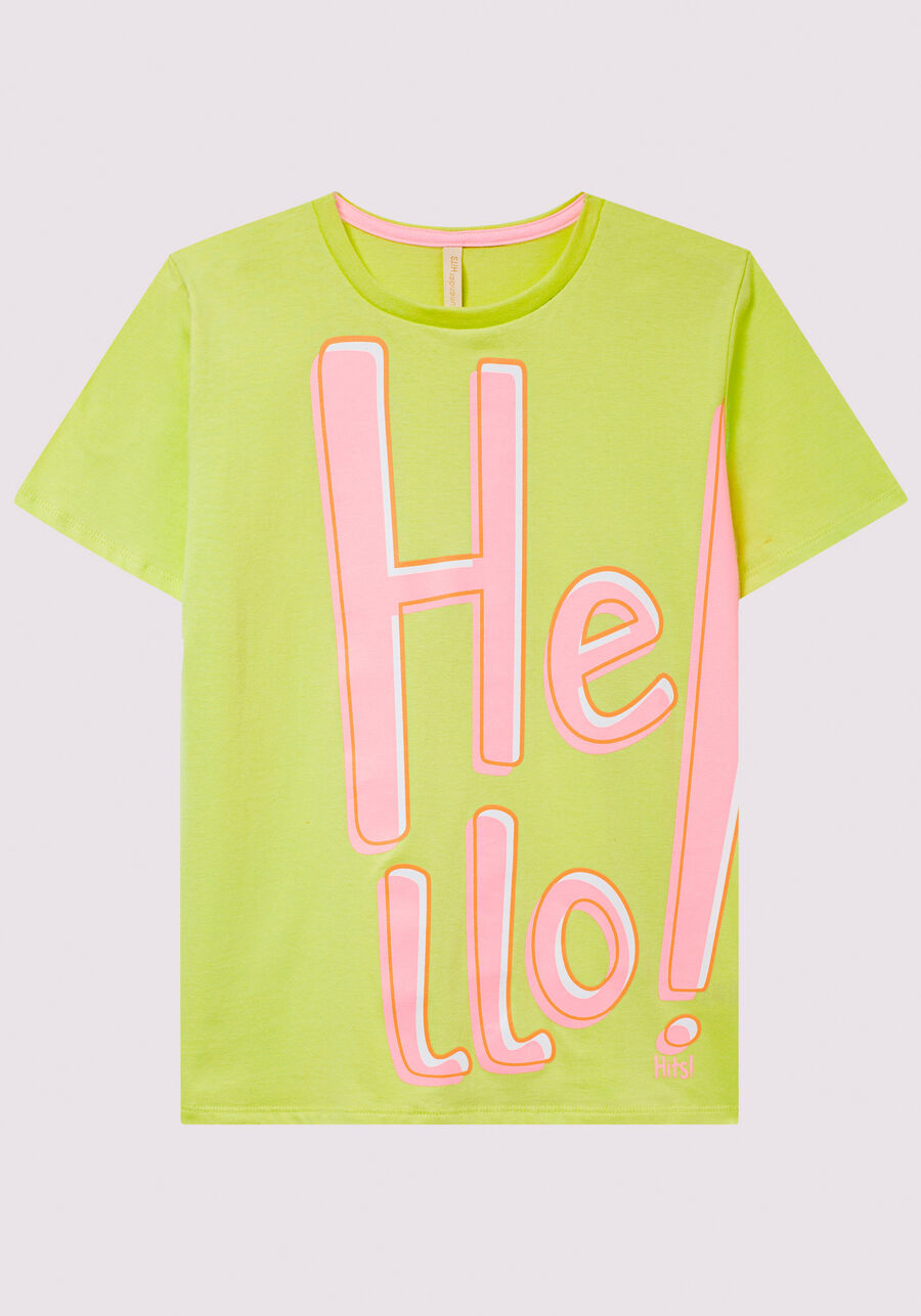 T-shirt Juvenil Alongada com Estampa Hello, VERDE GREEN APPLE, large.