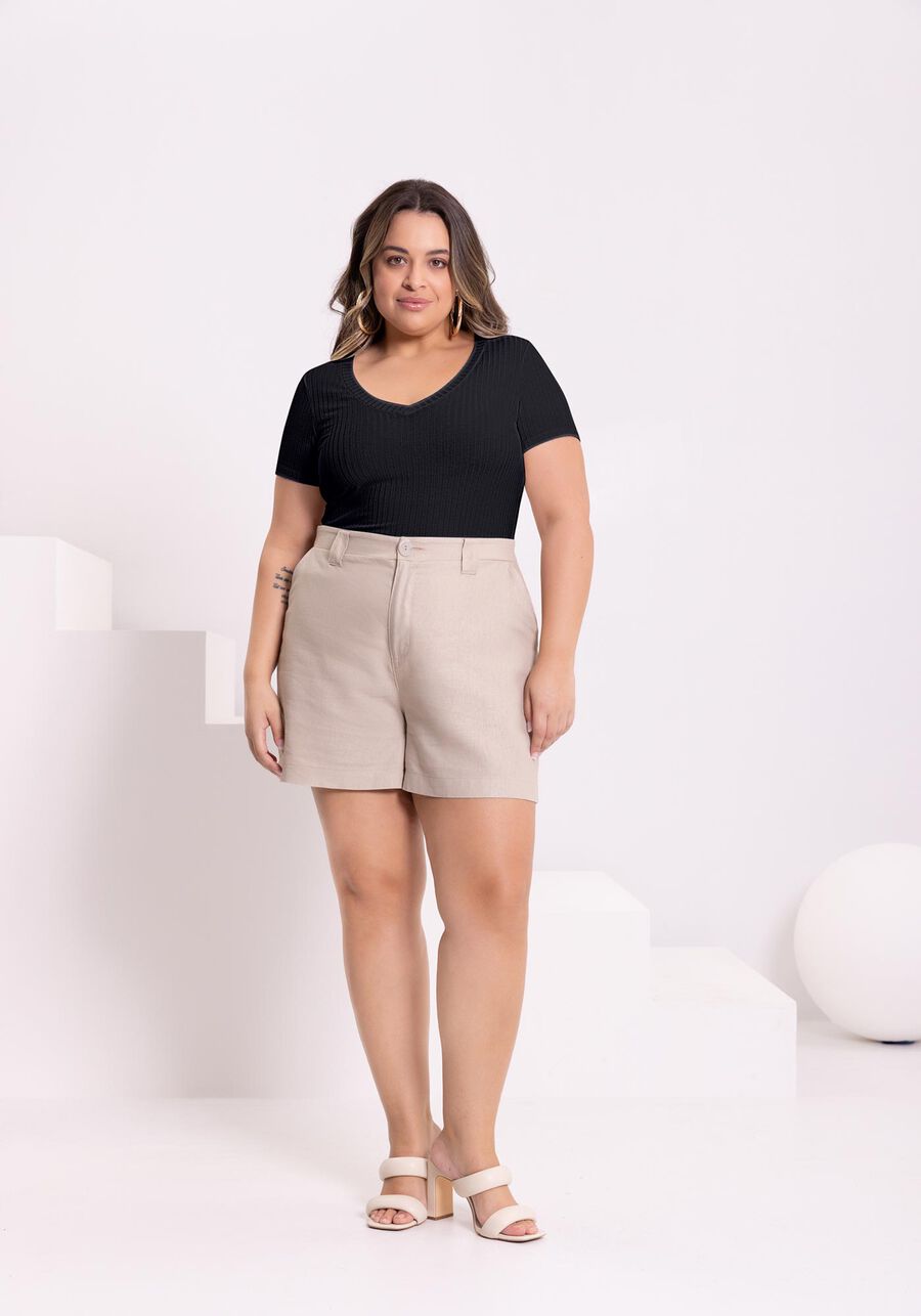 Blusa Básica Em Malha Canelada Com Mangas Curtas E Decote V, BEGE SYSTEM. Blusa Básica Em Malha Canelada Com Mangas Curtas E Decote V, BEGE SYSTEM, large.