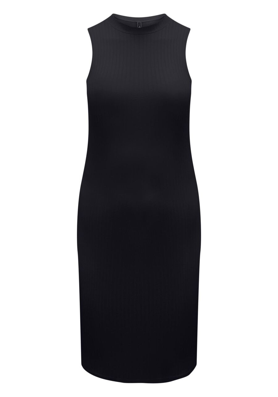 Vestido Básico Curto Sem Mangas Em Malha Canelada, PRETO REATIVO. Vestido Básico Curto Sem Mangas Em Malha Canelada, PRETO REATIVO, large.