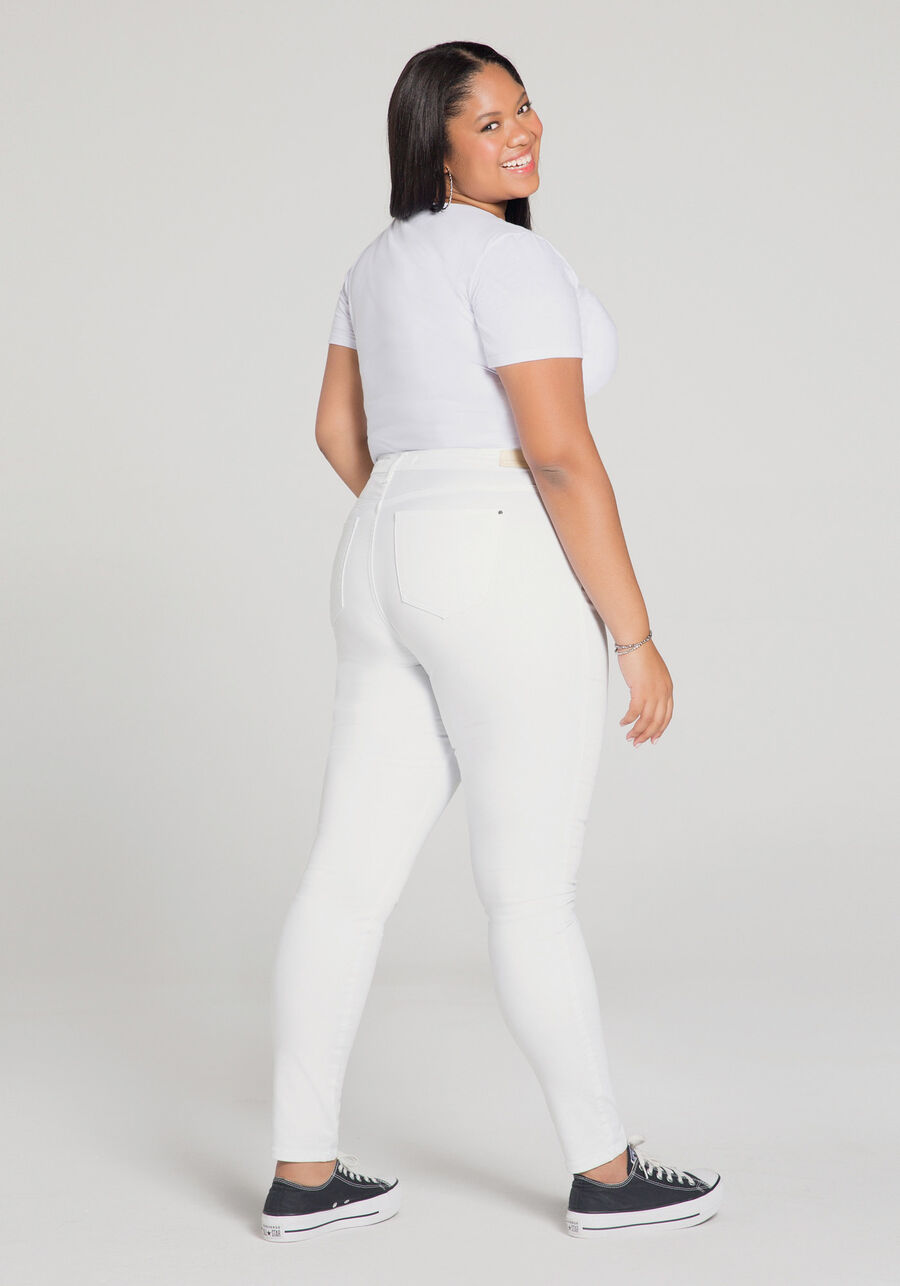 Calça Skinny Com Cintura Média Em Sarja Com Elastano, BRANCO. Calça Skinny Com Cintura Média Em Sarja Com Elastano, BRANCO, large.