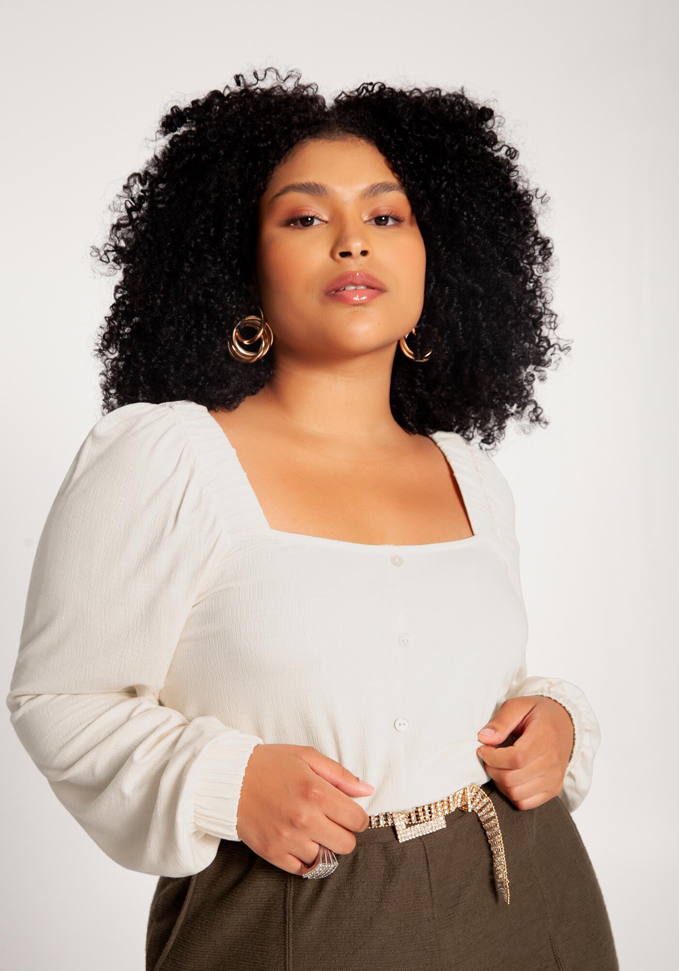 Blusa Plus Size em Malha com Mangas Bufantes, , large.