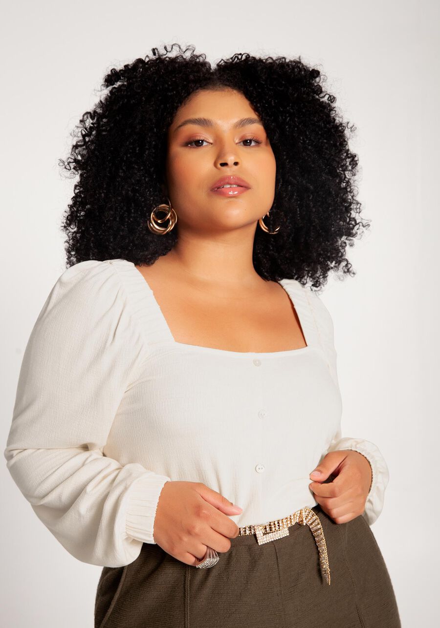 Blusa Plus Size em Malha com Mangas Bufantes, . Blusa Plus Size em Malha com Mangas Bufantes, , large.