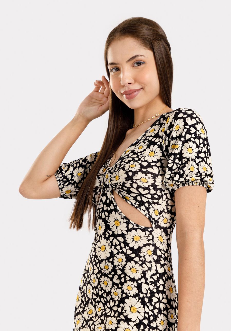 Vestido Curto Juvenil em Malha Crepe com Abertura Cintura, FLOWER POWER PRETO. Vestido Curto Juvenil em Malha Crepe com Abertura Cintura, FLOWER POWER PRETO, large.