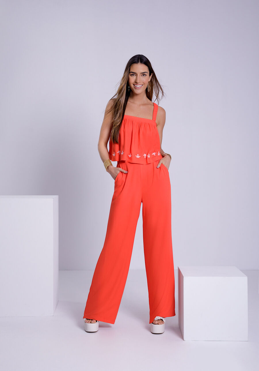 Calça Wide Leg em Viscose com Detalhe Cós, VERMELHO CEREJA. Calça Wide Leg em Viscose com Detalhe Cós, VERMELHO CEREJA, large.