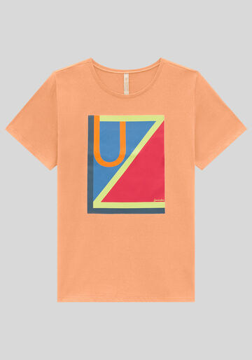 T-shirt em Malha com Estampa Geométrica, LARANJA BRIGHT, large.