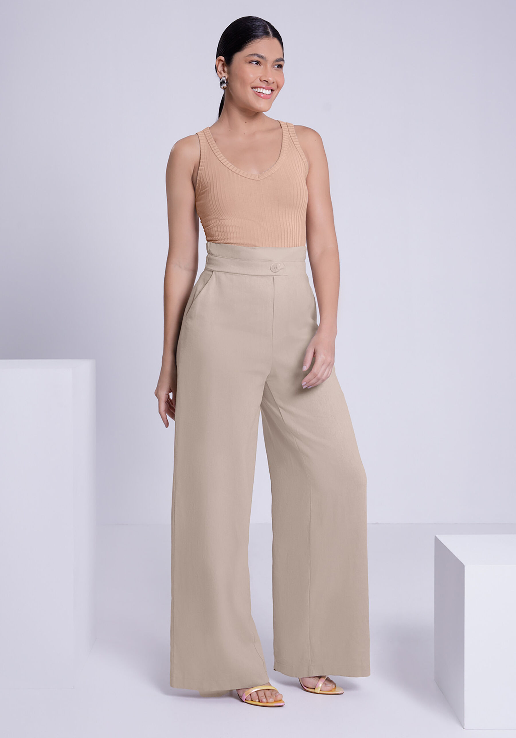 Calça Pantalona em Linho com Detalhe Cós, BEGE IMPALA, large. image number 0