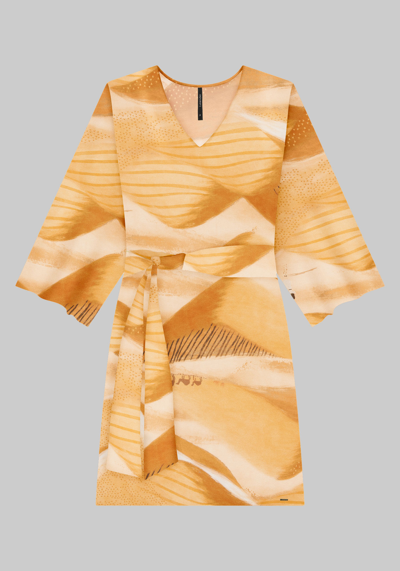 Vestido Curto Estampado em Viscose com Faixa, MANSIDAO AMARELO, large.